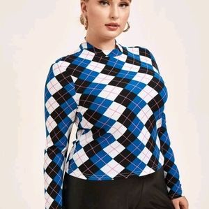 Plus Argyle Pattern Stand Collar Tee
